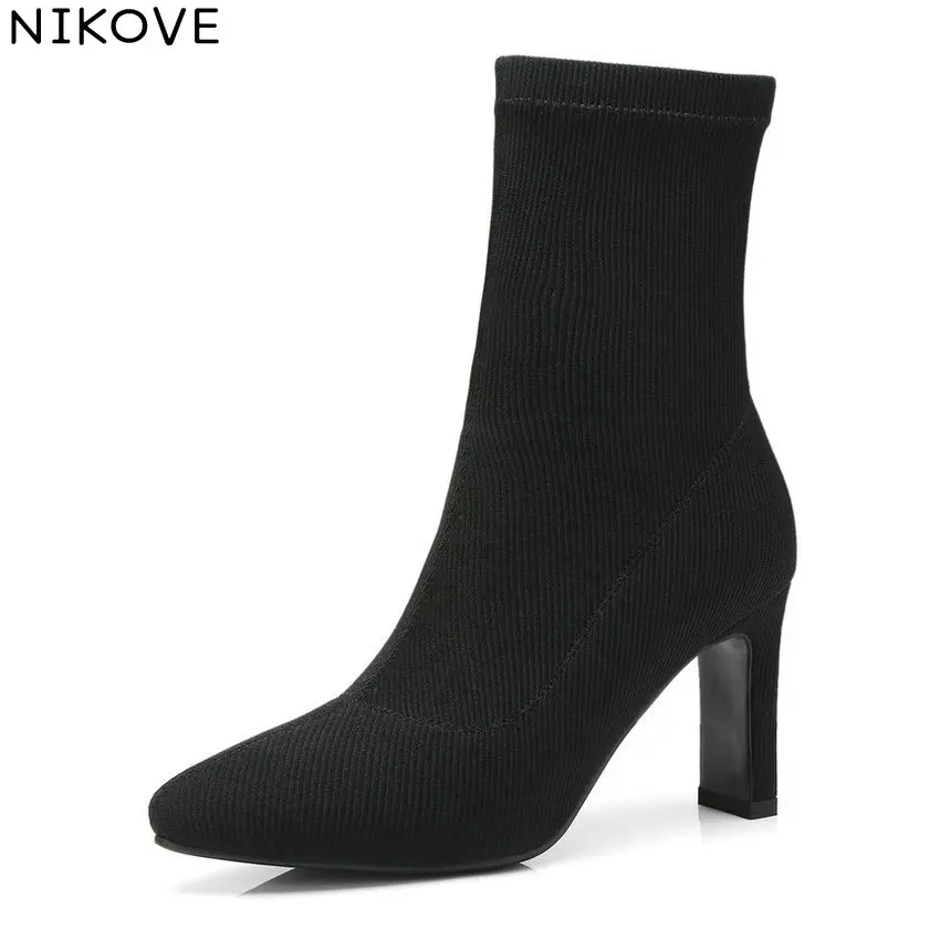 

NIKOVE 2019 Women Boots Autumn Shoes Sewing Mid-calf Boots Square High Heels Pointed Toe Stretch Fabric Ladies Boots Size 34-42