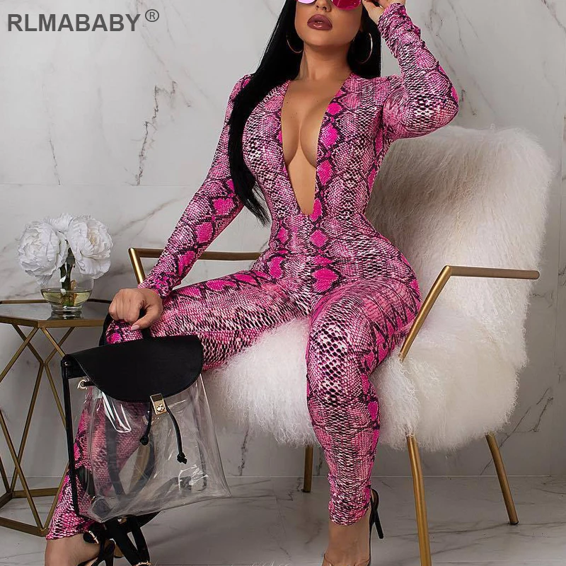 

RLMABABY Print Snakeskin Deep V Neck Summer Sexy Jumpsuit Long Sleeve Bodycon Romper Overalls Skinny Night Club Women Jumpsuit