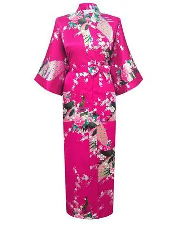 Светло-Зеленый стильный принт в китайском стиле атласные халаты Женская длинная одежда для сна повседневное банное платье с цветком Плюс Размер S до XXXL - Цвет: hot pink