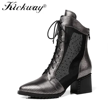 

Kickway 2018 Summer Summer Boots Women Mesh Ankle Boots Lace Up Breathable Med Heels Shoes Woman Zapatos Mujer Plus Sizes 34-42