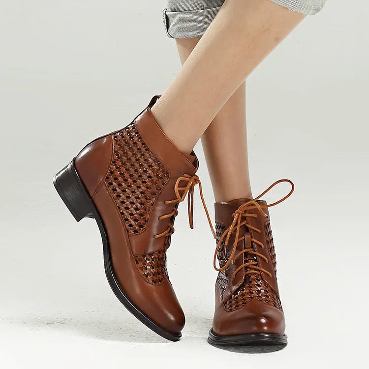 

2015 New Women Spring Autumn Summer Low Heel Cut Out Lace Up Round Toe Breathable Fashion Ankle Boots Size 35-40 SXQ0826