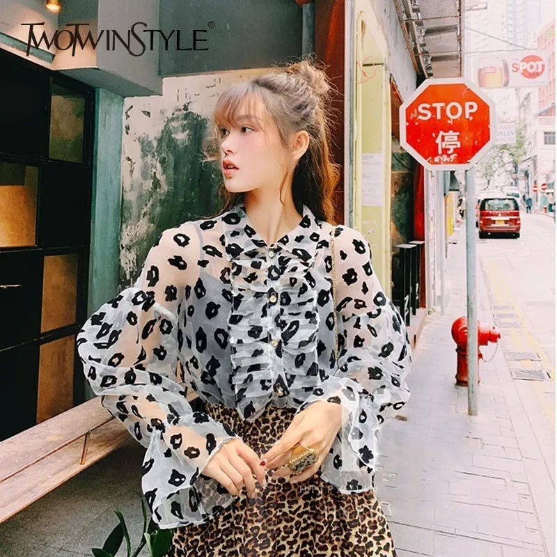 

TWOTWINSTYLE Vintage Leopard Print Shirts Blouse Women Ruffle Lantern Long Sleeveperspective Tops Female 2019 Fashion Tide