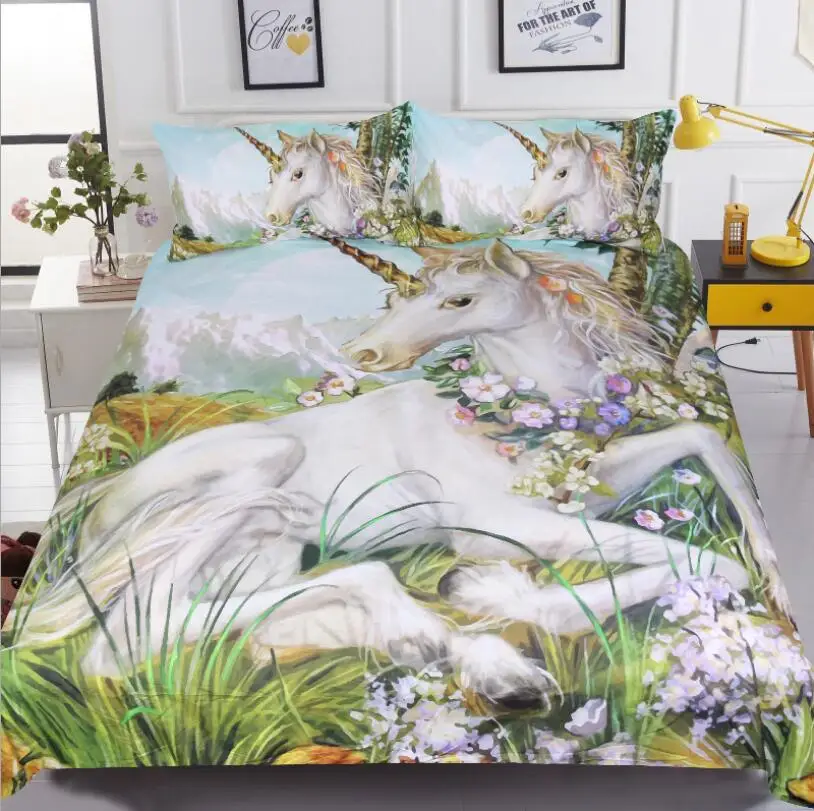 

3D Painting Unicorn Bedding Set Oil Printed Quilt Cover With Pillowcases Floral Scenic Bed Set 3-Piece Bedclothes Home Textiles