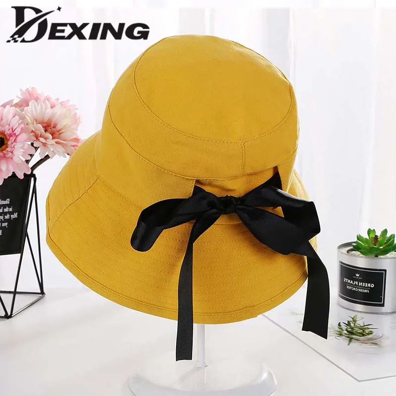 

Stringing Bow Summer hat Womens Cotton Wide Brim Sun Hats Foldable Casual cap Fashion Sun outdoor Caps Literary Chapeu