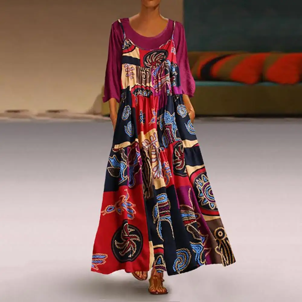 

Plus Size Women Two-piece Patchwork O-Neck Vintage Wrist Print Maxi Dress