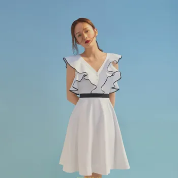 

Summer newest women v-neck cute ruffles dress fashion ladies elegant white dress