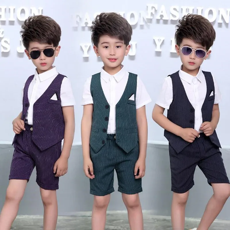 

DFXD Children Clothing Set Summer Baby Boys Striped Single Breasted V-neck Fashion Cotton Vest Coat+Pant 2pc Kids Party Suit