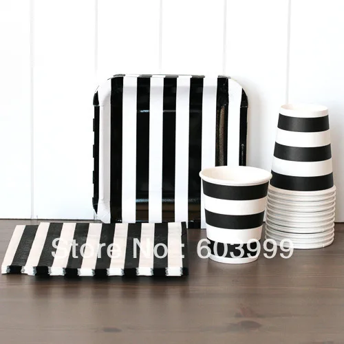 Black and White Striped Tableware Set Candy Stripe Black 18.5 cm Square Paper Party Plates