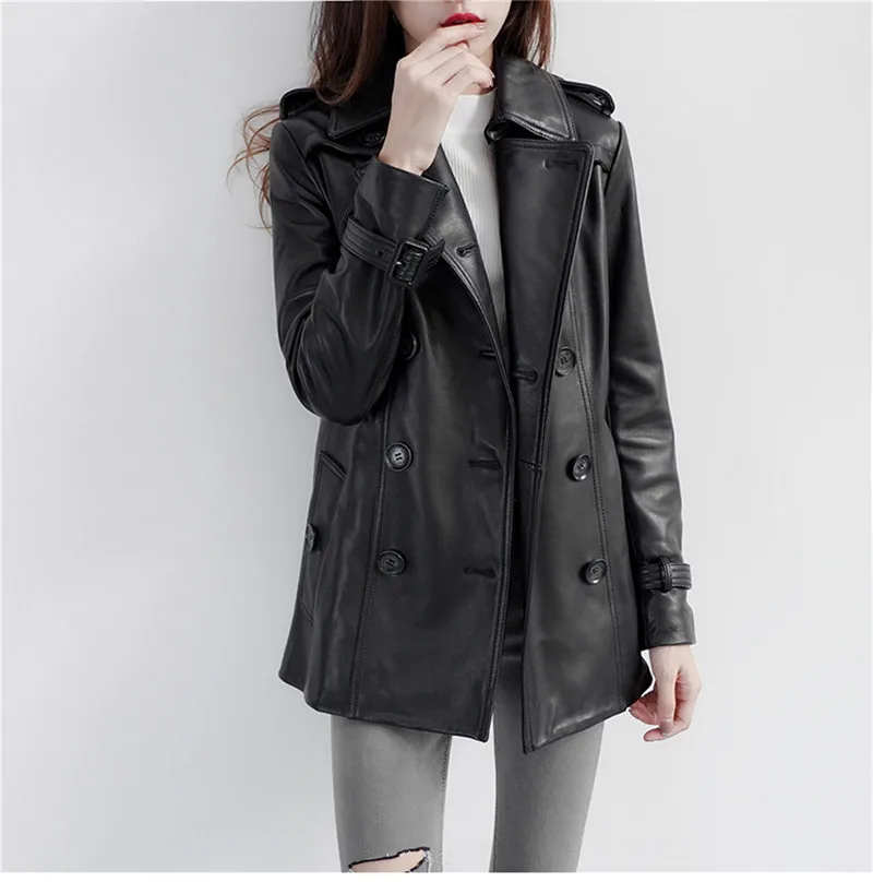 Кожаная куртка для женщин, весна-осень, высококачественное кожаное пальто, большие размеры, черное пальто из натуральной овчины OKXGNZ1832