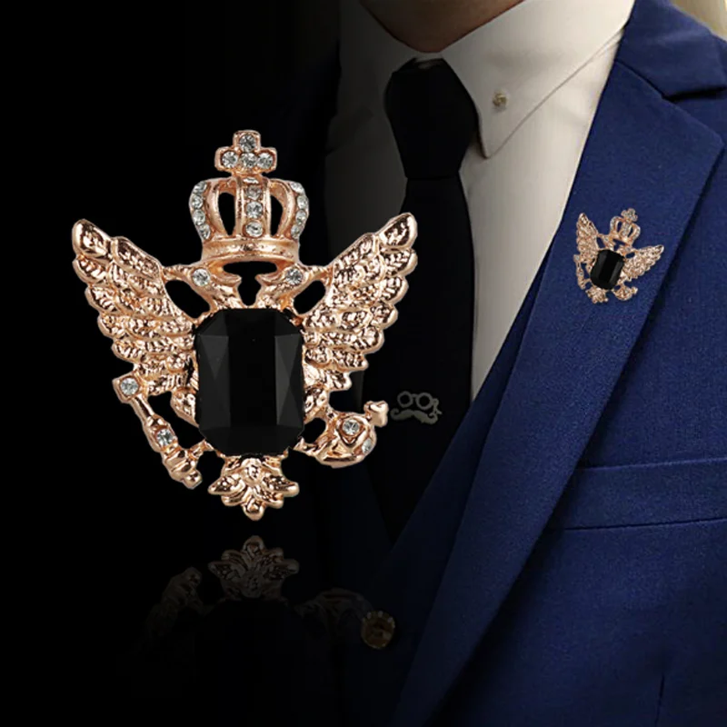 

Fashion Metal Badge Pin Crystal Crown Double-headed Eagle Wings Brooch Male Corsage for Shirt Collar Clothing Accessories