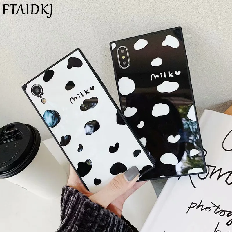 

FTAIDKJ Fashion Cow Spot Milk Square Phone Case For iPhone 6 6S 7 8 Plus Silicone Soft Back Cover For iPhone X XR XS Max Coque