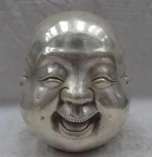 

8" Chinese Silver Buddhism 4 Face Happy Laughing Maitreya Buddha Head Statue Garden Decoration 100% Tibetan silver Bronze
