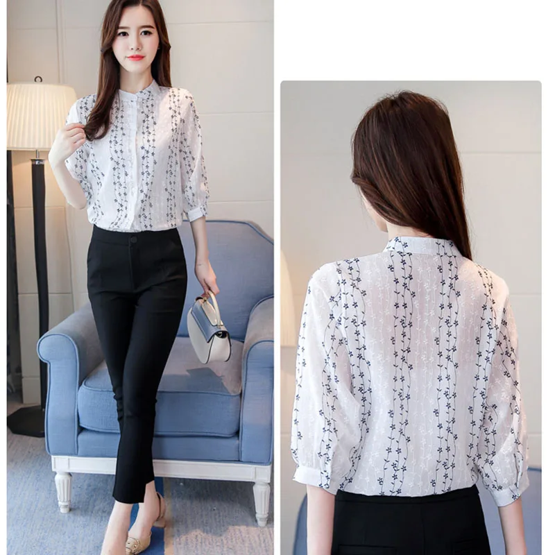 Women Spring Summer Style Chiffon Blouses Shirts Lady Casual Mandarin Collar Half Chiffon Blusas Tops Feminina DF1713 Blouses