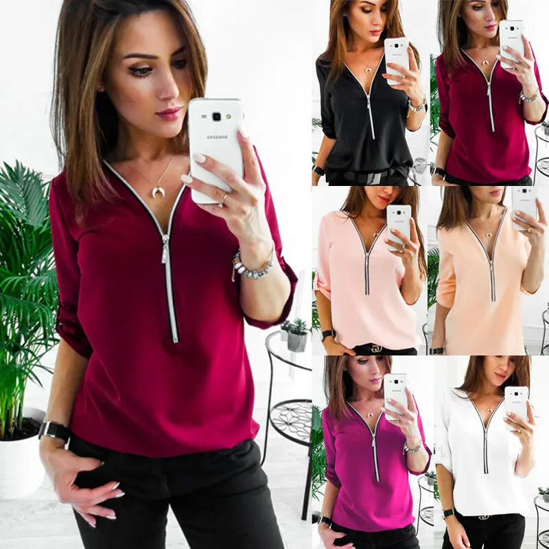 

Fashion Women Long Sleeve Loose Casual Shirt Summer Chiffon Tops T-Shirt Zipper Solid Simple Daily Ladies Clothes S-XL