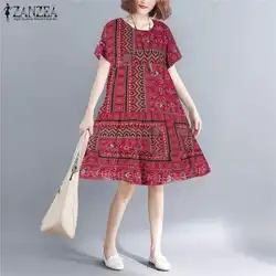 2019 ZANZEA летнее повседневное вечернее платье для женщин с коротким рукавом Vestidos Винтаж Цветочный хлопок и лен с принтом Сарафан-туника