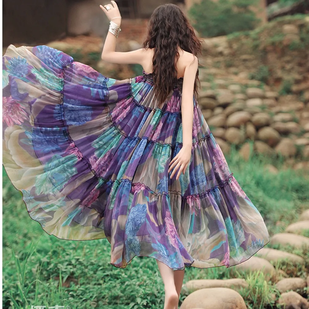 

2018 Bohemia Pleated Holiday Purple Floral Chiffon Tulle Voile Beach Midi Dress Women / Elegant Ruffle Boho Dress Summer