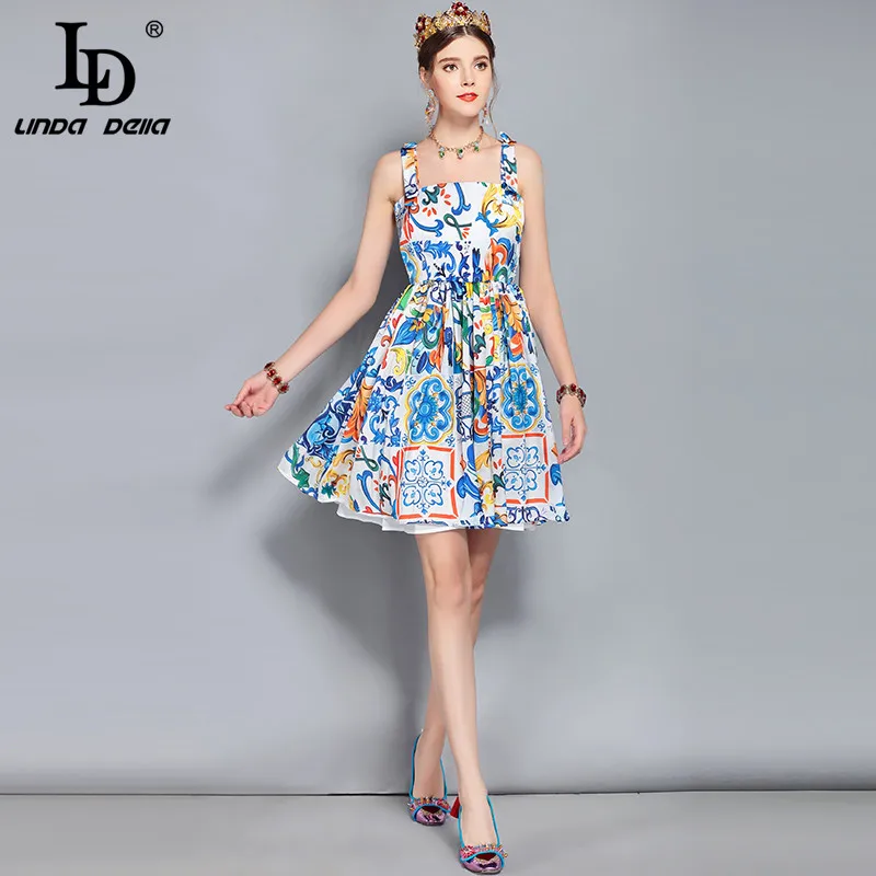 LD LINDA Делла, новое модное дизайнерское подиумное летнее платье, женское винтажное короткое платье на бретельках с цветочным принтом