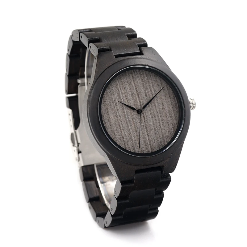 BOBO BIRD L-H06 Ebony Wooden Watches Men Handmade Simple Design Grey Dial without Scale Watches with Wooden Band as Gifts