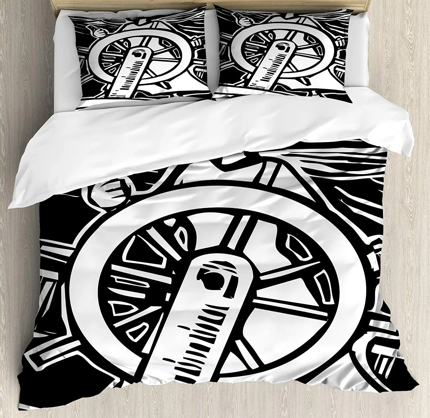

Marine Duvet Cover Set Girl in a Dress Navigating a Ship in Monochrome Woodcut Image, Decorative 3 Piece Bedding Set