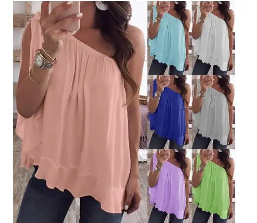

Summer Women Shirts Skew Collar Chiffon One Shoulder Tops Streetwear Casual Sexy Girls Batwing Sleeve Blouses Plus Size 5XL