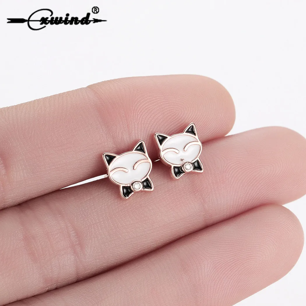 

Cxwind Cute Animal Kitty Cat Stud Earrings For Women Girl Kids Fashion Gold Enamel Cat Animal Knot Crystal Earrings brincos