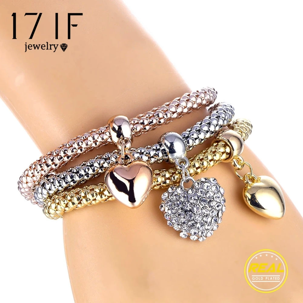 

17IF 3 Pcs/Set Crystal Owl Heart Charm Bracelets & Bangles Rose Gold Elephant Anchor Crystal Pendants Bracelets Set Jewelry Gift