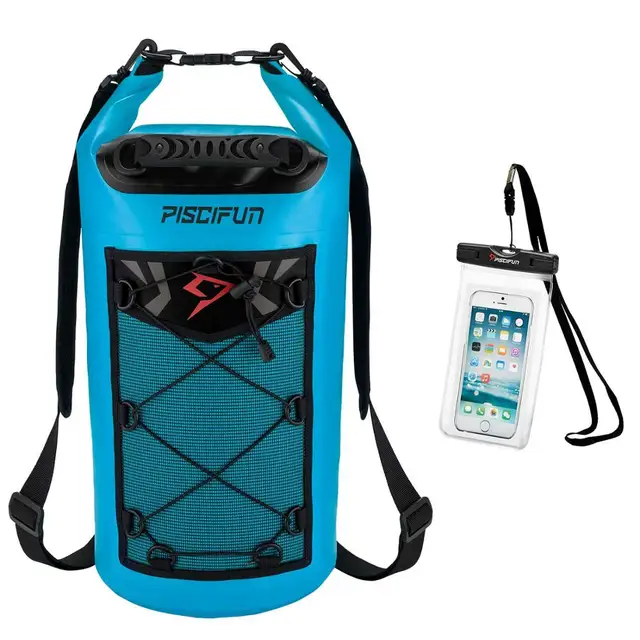Piscifun 10-40L Waterproof Dry Bag + Phone Case Floating Dry Back Pack for Water Sports Fishing Boating Surfing Rafting Swimming Sky Blue