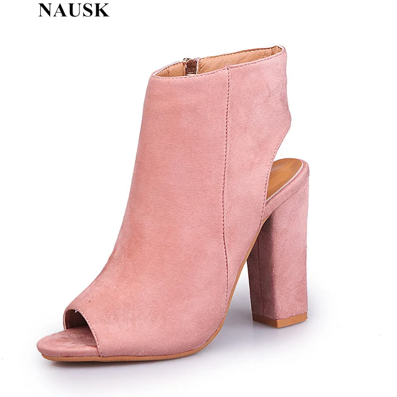 

NAUSK 2017 Fashion Women's Spring Summer Open Toe Boots Casual Faux Suede Ankle Boots Thick High Heels Peep Toe Women Boots