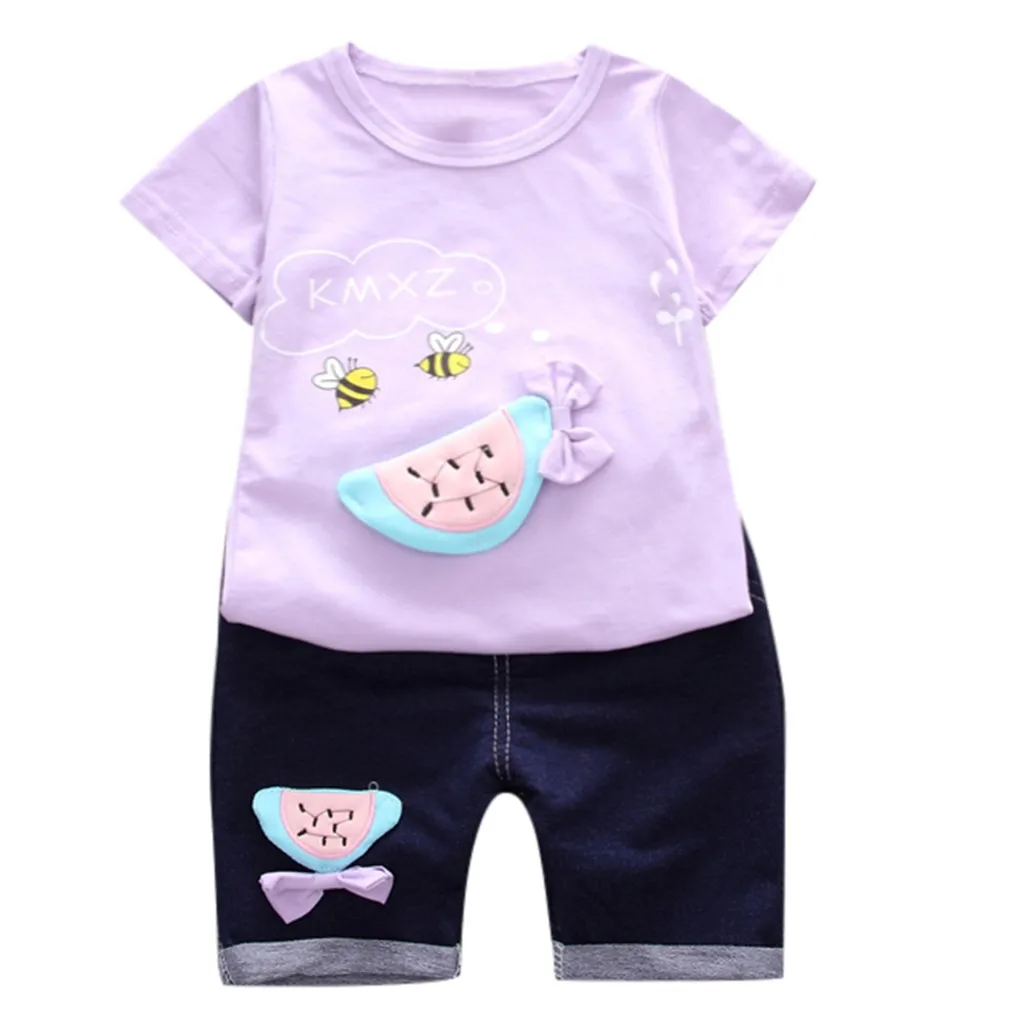 Летняя футболка с фруктами и Пчелой для маленьких девочек, топы и шорты, комплекты одежды для малышей, детские шорты, L4