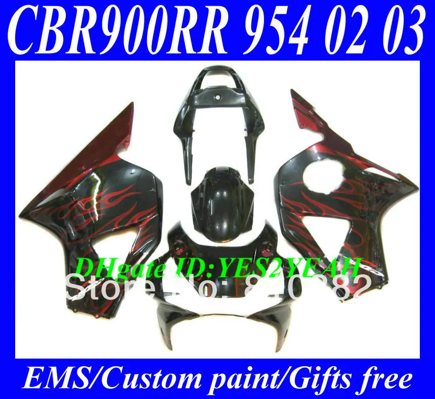 

CUSTOM Motorcycle Fairing kit for HONDA CBR900RR 02 03 CBR900 954 CBR900RR 2002 2003 RED FLAMES black ABS Fairings set HP26