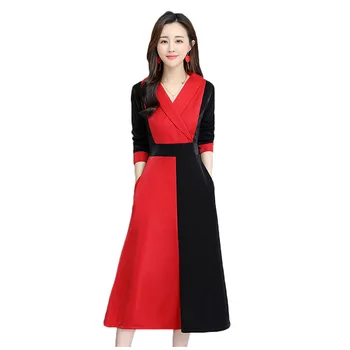 

Plus Size Autumn Dress Women Fashion Contrast Color Design V-Neck Long Sleeve Dress Elegant Female Loose Party Vestidos 5XL f095