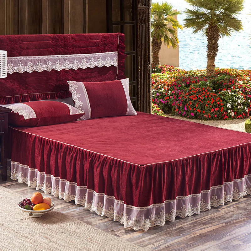 3Pcs lace bed skirt set pillowcases fleece winter bedding set full
