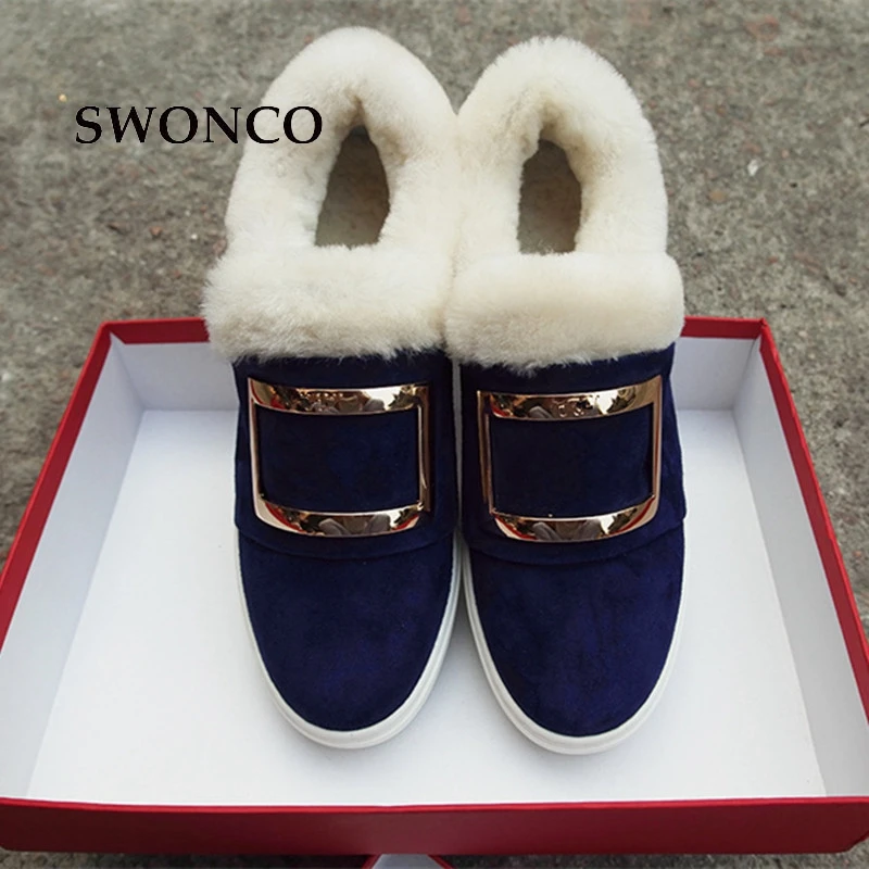 SWONCO/Женская обувь на плоской подошве; коллекция года; Зимние теплые плюшевые мокасины из коровьей замши; модная женская обувь на плоской подошве с металлическим украшением; обувь из натуральной кожи