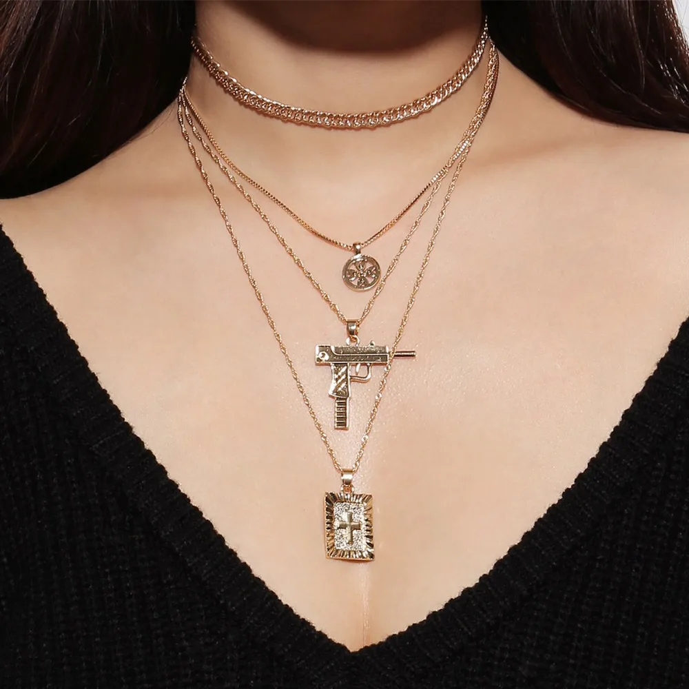

Multilayer Fashion UZI Gun Pendants Necklace Cross With Hip Hop Rock Punk Metal Chain Gold Silver Color Statement Women Jewelry