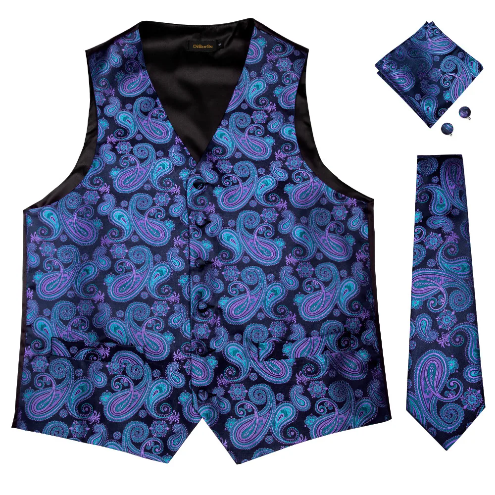 

DiBanGu Men's Purple Paisley Jacquard Waistcoat Vest Pocket Square Tie Suit Set Pocket Square Set Classic Party Wedding MJ-104