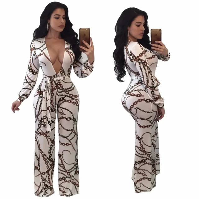 fashion white women print skinny jumpsuit sexy deep v neck hot sell sell plus size clothing