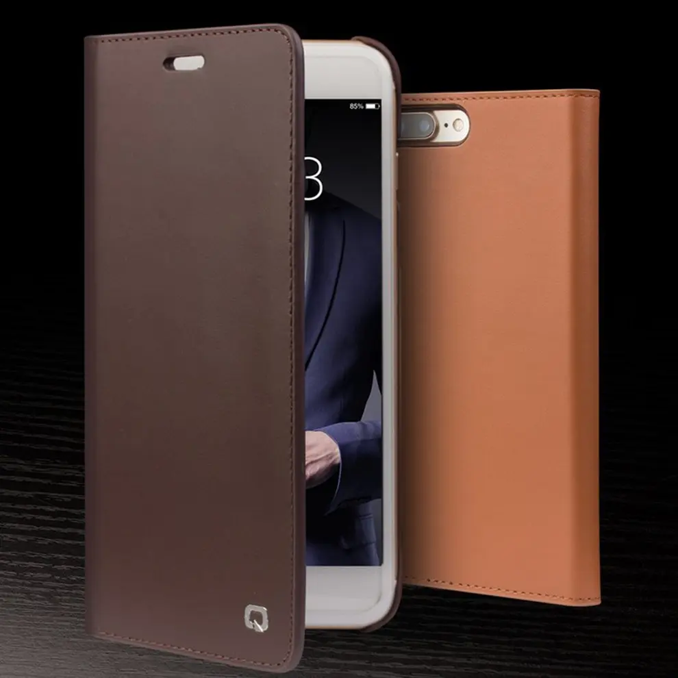 

2 Pcs Dark bronw Genuine Cow Leather Flip Type Phone Shockproof Case Protective Cover For iPhone 7/8 Plus With Card Slot