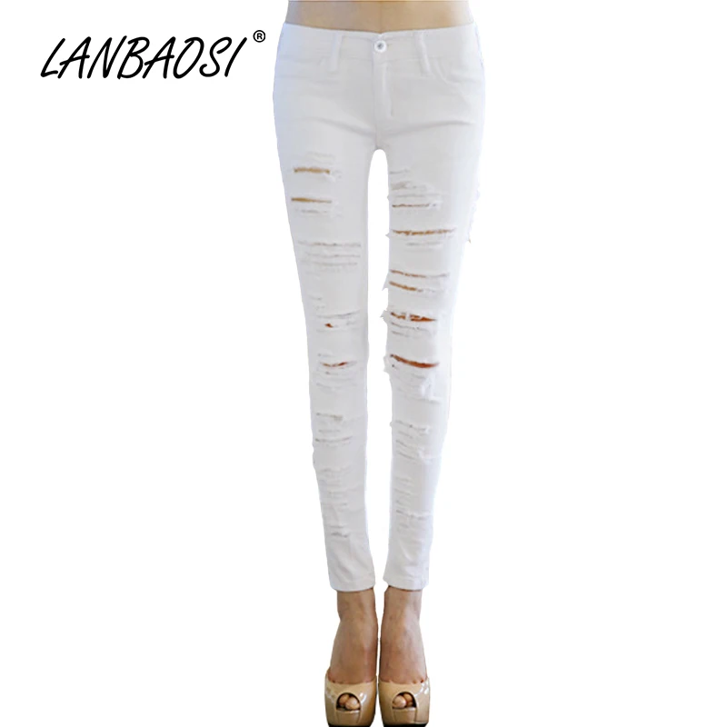 LANBAOSI Fashion Women s Torn Jeans Pencil Pants Sex Casual Slim Ripped Hole Vintage Denim Trousers