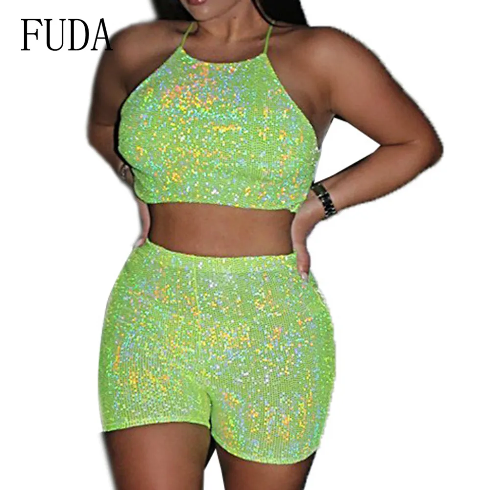 

FUDA Two Pieces Sets Sequined Mini Playsuits Sexy Sleeveless Hollow Out Behide Cross Badage Jumpsuits Summer Bling Party Wear