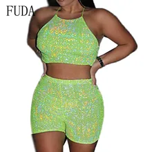 FUDA Two Pieces Sets Sequined Mini Playsuits Sexy Sleeveless Hollow Out Behide Cross Badage Jumpsuits Summer Bling Party Wear FUDA Two Pieces Sets Sequined Mini Playsuits Sexy Sleeveless Hollow Out Behide Cross Badage Jumpsuits Summer Bling Party Wear