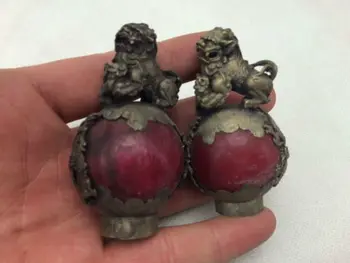 

A Pair of Elaborate Chinese Tibetan Silver Inlaid with Red Ball Dragon Phoenix Foo Fu Dog Lion Statue