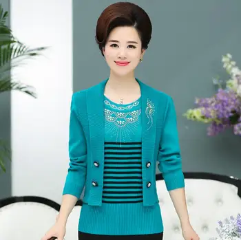 

Autumn Middle Aged Womens fashion Fake two pieces Sweaters woman spring Diamond Pullovers Sweater Casual Knitwear w79