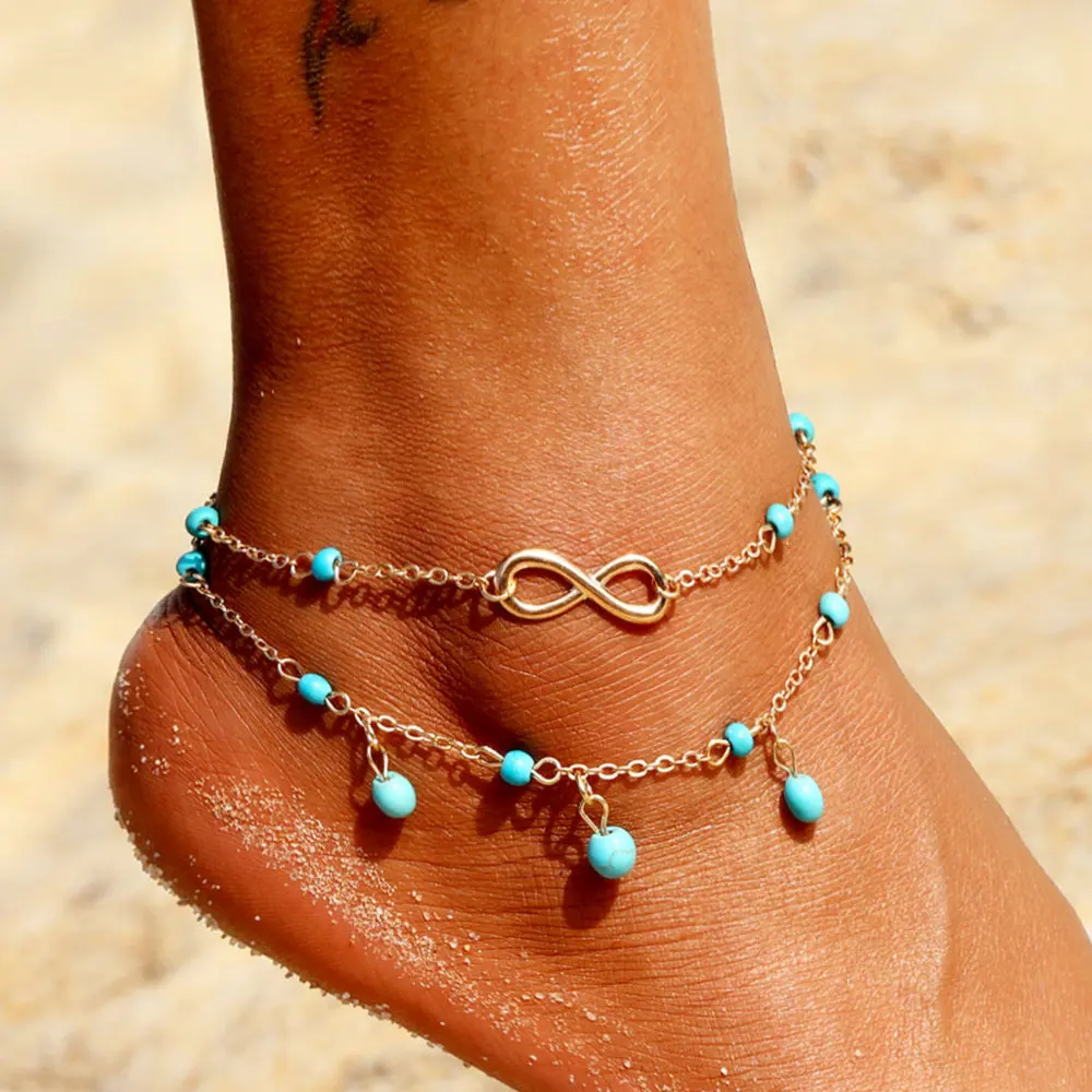 Bohemian Double Infinite Stone Beads Pendant Anklet Leg Chain For Women Summer Beach Anklets Charm Bracelet Foot Jewelry Gift Bohemian Double Infinite Stone Beads Pendant Anklet Leg Chain For Women Summer Beach Anklets Charm Bracelet Foot Jewelry Gift