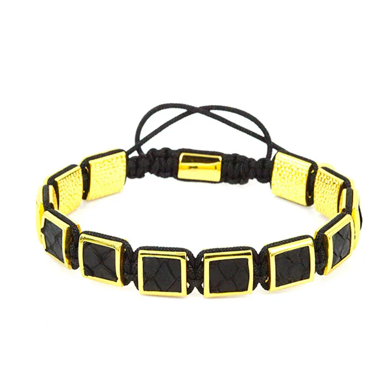 

Black Genuine Leather Men Bracelets 2018 Hot Sale Gold Micro Pave CZ Beads Square Braiding Macrame Bracelets Pulseira Masculina
