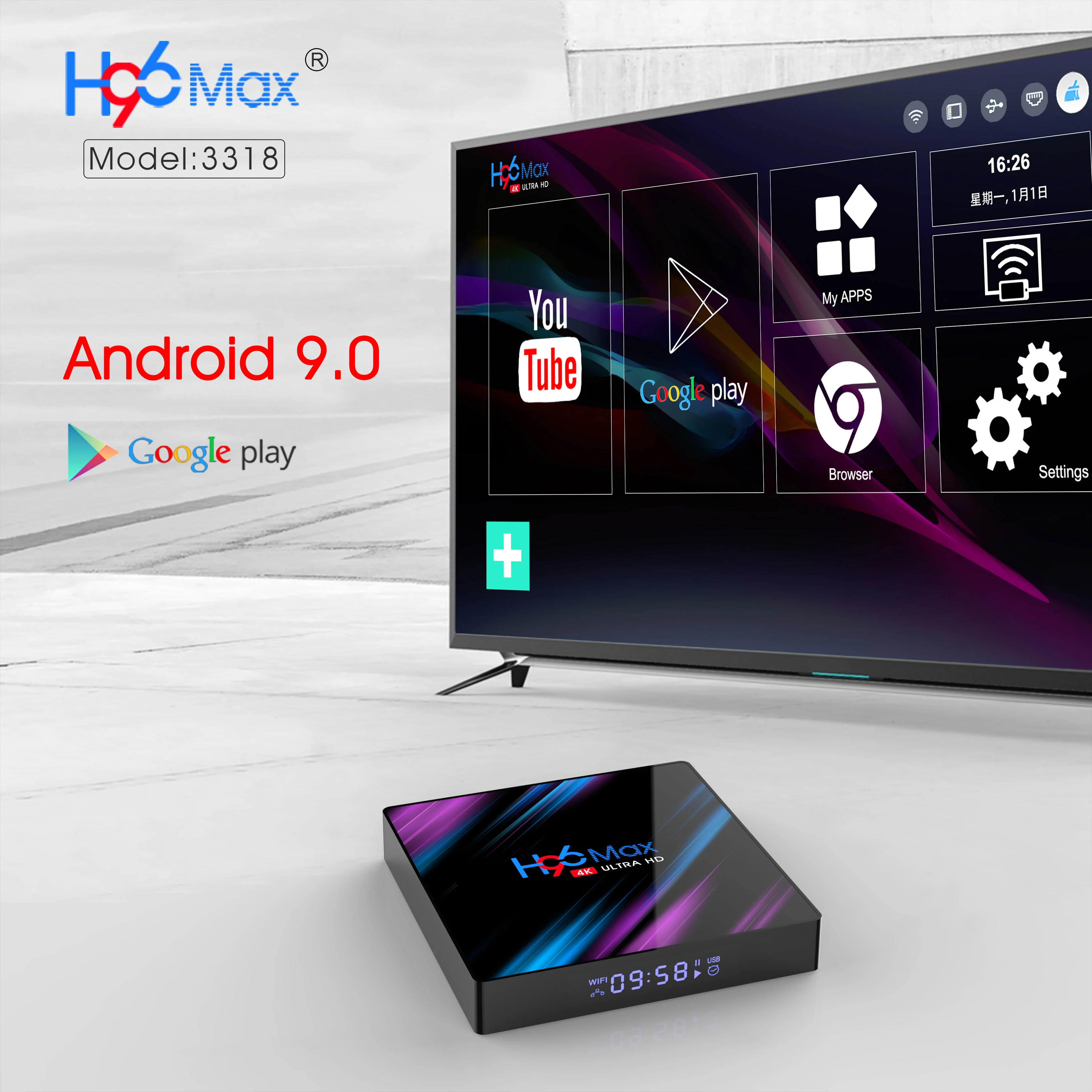  Smart TV BOX H96max Android 9.0 Google Assistant 4K Dual Wifi BT Netflix Media player Play Store Fr - 33024317393