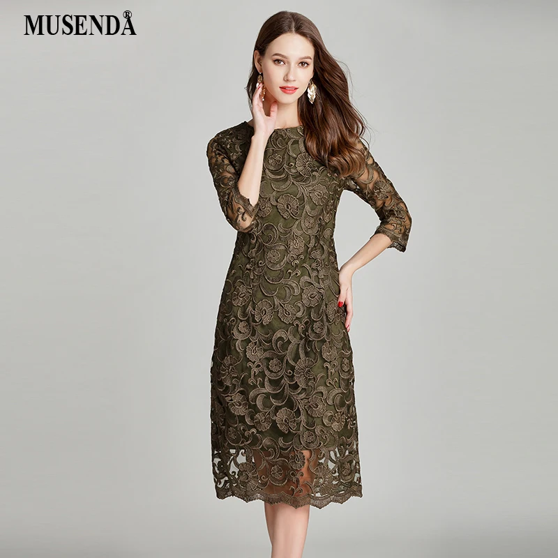 

MUSENDA Plus Size Women Arm Green Lace Embroidery Tunic Dress New 2018 Summer Sundress Female Ladies Vintage Elegant Party Dress