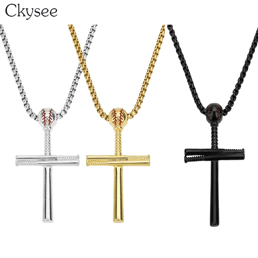 Ckysee Cross Hip Hop Baseball Pendant Necklace Men Sports Stainless