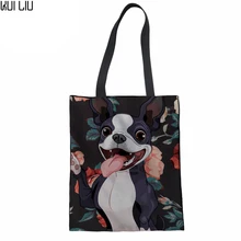 Холщовая Сумка ручной работы, Бостонский терьер, 3D принт, хлопок, для шоппинга, школы, путешествий, для женщин, складные сумки для покупок на плечо