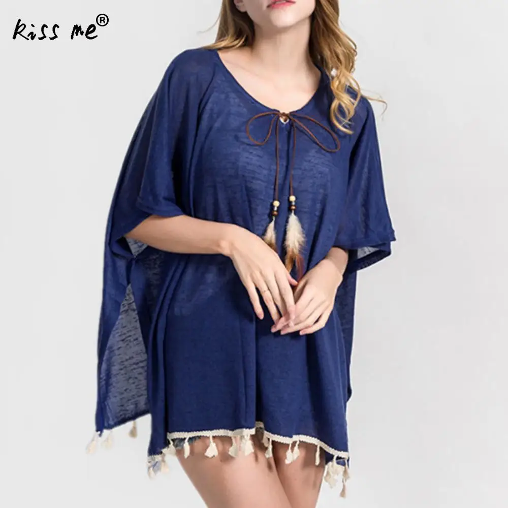Blue Loose Female Cardigan Solid Beach Cover Up with Tassels Women's