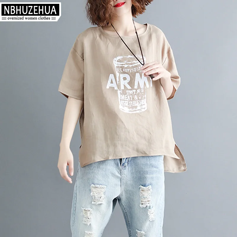 

NBHUZEHUA 2019 Plus Size Summer T Shirts For Women Cotton Linen Korean Tshirt Letter Print Womens T Shirt Tops 4XL 5XL 19-D189
